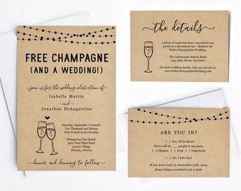 Funny Wedding Invitation Template - Free Champagne Fun Printable Set - Rustic Kraft Paper, Instant Download Digital File PDF Suite, Lights