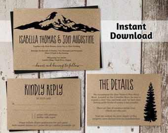Mountain Wedding Invitation Template - Rustic Simple Black & White Silhouette Printable Set - Instant Download Digital Suite Kraft Paper