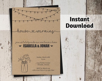 Housewarming Party Invitation Printable Template - Rustic Mason Jar on Kraft Paper | Easy Editable DIY PDF | Instant Download Digital File