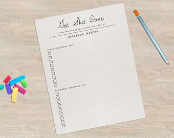 Editable Printable Get Shit Done Stationery Template - Funny To Do List Fun Progress Journal Task Paper - PDF Instant Download Digital File