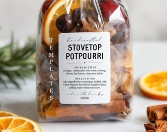 Homemade Stovetop Potpourri Label Template - Includes Ingredients and Instructions, Christmas Potpourri, Editable PDF Download