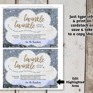 Op de afbeelding: Twinkle Twinkle Little Star baby shower aankondigingskaart met een blauwe en gouden aquarel achtergrond. De kaart heeft een wolk met gouden glitter en sterren. De tekst luidt "Weet je hoe gezegend we zijn? De kast was bijna leeg en er waren maar weinig spullen. Maar dat is nu allemaal veranderd, dankzij jou! De baby is binnenkort hier, we zijn zo gezegend. Omringd door liefde en steun, ons gezin van drie. Met liefde, de Augustines".