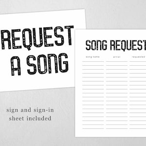 Druckbares Song-Anfrage-Zeichen und Song-Anfrageblatt, DJ-Song-Anfrageformular-Listenformat, Sofortiger Download Digitale Datei