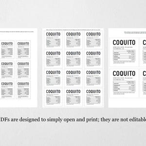 May include: Printable nutrition label template for a product called "COQUITO". The template includes serving size, calories, total fat, cholesterol, sodium, total carbohydrates, dietary fiber, sugars, protein, vitamin D, calcium, iron, and potassium.