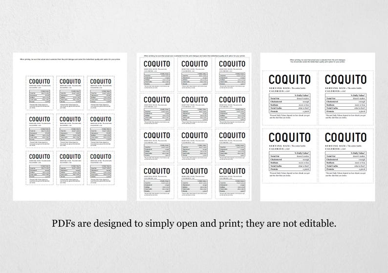 May include: Printable nutrition label template for a product called "COQUITO". The template includes serving size, calories, total fat, cholesterol, sodium, total carbohydrates, dietary fiber, sugars, protein, vitamin D, calcium, iron, and potassium.