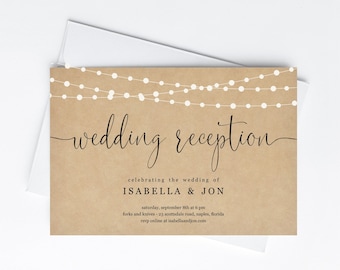 Wedding Reception Only Invitation Template, Rustic Kraft Paper Background with Fairy String Lights Invite Instant Download Digital File PDF