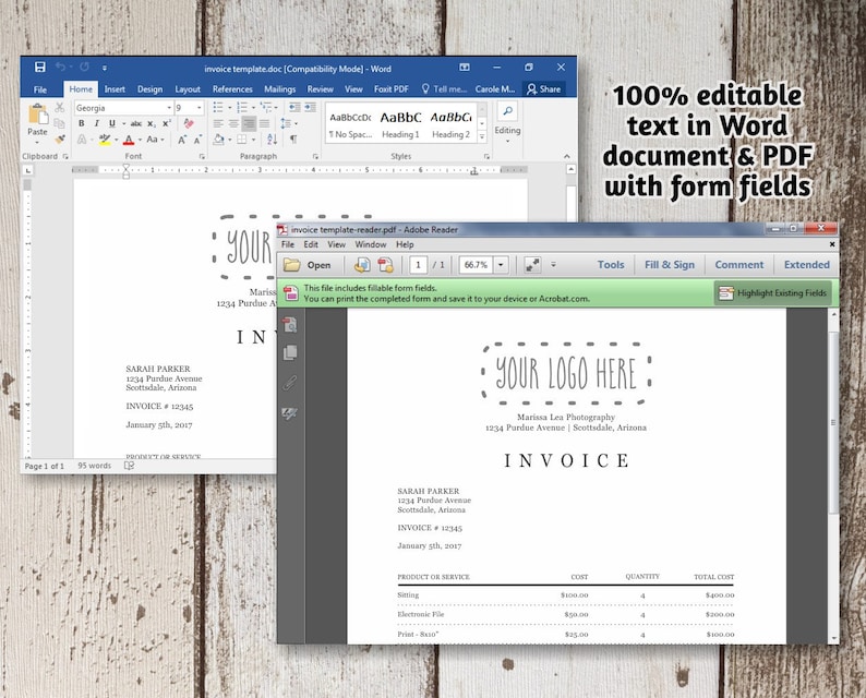 Printable Invoice Template - AUTO-CALCULATES - Word, PDF Download - Business Photographer Photography Simple Form Receipt Billing Statement image 2