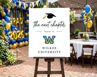 The Next Chapter begins with College Logo Sign, Printable High School Graduation Party Decoration Template, Instant Download Digital File