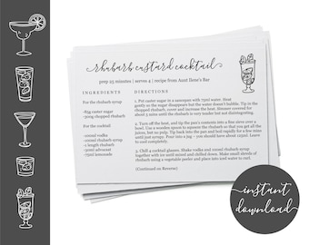 Editable Cocktail Recipe Card Template - Printable Bar Drink Recipe Card - Index Card Size 4x6 Easy DIY Digital File Instant Download PDF