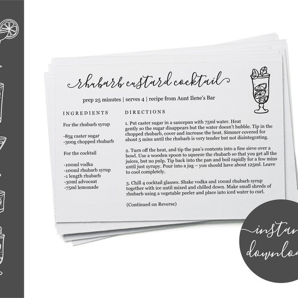 Editable Cocktail Recipe Card Template - Printable Bar Drink Recipe Card - Index Card Size 4x6 Easy DIY Digital File Instant Download PDF