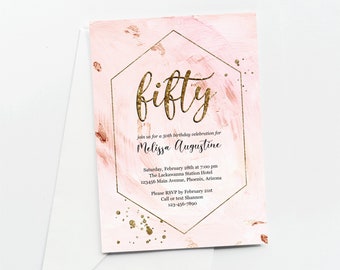 Rose Gold Glitter 50th Birthday Invitation for Women Template, Editable Gold Foil Evite & Invite for Her, Printable Instant Download DIY PDF