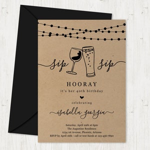 Sip Sip Hourra Birthday Party Invitation Template, Wine Beer Invite Téléchargement instantané Fichier numérique Papier Kraft 30e 30 40e 40 50e 50 ans