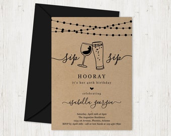 Sip Sip Hooray Birthday Party Invitation Template, Wine Beer Invite Instant Download Digital File Kraft Paper  30th 30 40th 40 50th 50 Year
