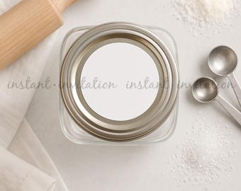 Mason Jar Lid Label Mockup, 2" Round Sticker, Blank White Label, Kitchen Baking Scene, Neutral Cottage Product Display Photo, Overlay