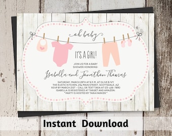 Rustic Baby Shower Invitation for Girl - Printable Template - Instant Download Digital File 5x7 PDF - Pink & Blush Onesies on Clothesline