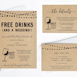 Modèle d'invitation de mariage drôle, ensemble imprimable amusant de boissons gratuites, papier kraft rustique, téléchargement immédiat du fichier numérique Suite PDF, cocktail de vin