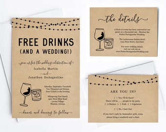 Funny Wedding Invitation Template, Free Drinks Fun Printable Set, Rustic Kraft Paper, Instant Download Digital File PDF Suite, Wine Cocktail