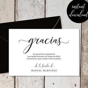 Modèle de carte de remerciement funéraire espagnol - Remerciement de sympathie noir et blanc simple Merci Gracias - Hommes / Femmes - PDF Téléchargement instantané