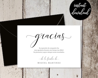 Spanish Funeral Thank You Card Template - Simple Black & White Sympathy Acknowledgement Thanks Gracias - Men / Women - PDF Instant Download