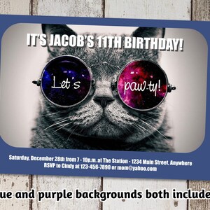 May include: A birthday invitation featuring a cat wearing sunglasses with the text "Let's paw-ty!" and the words "It's Jacob's 11th Birthday!"  The invitation includes the date, time, location, and contact information for RSVP.