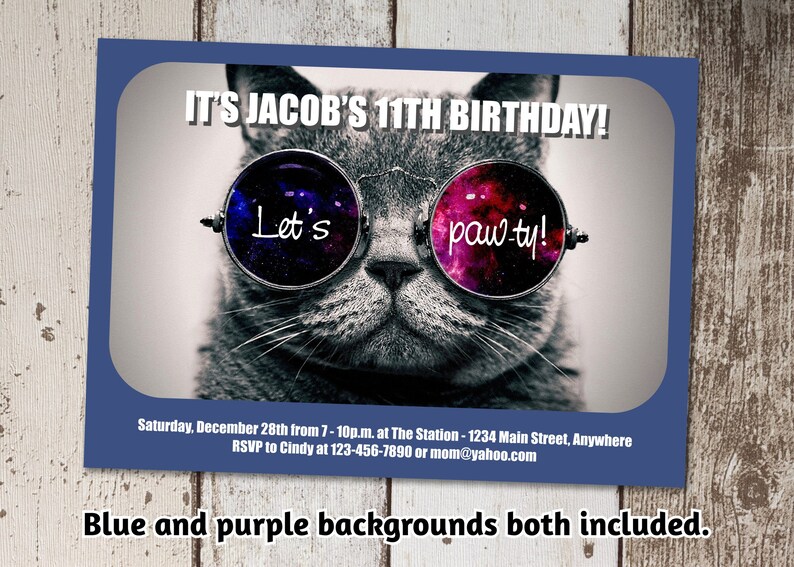 May include: A birthday invitation featuring a cat wearing sunglasses with the text "Let's paw-ty!" and the words "It's Jacob's 11th Birthday!"  The invitation includes the date, time, location, and contact information for RSVP.