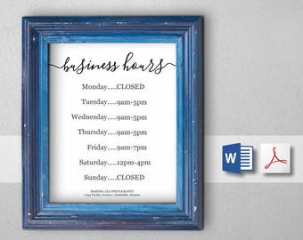 Business Hours Sign, Printable Template, Hours of Operation - Holiday, Office, Store, Open Hours, PDF Word DIY Instant Download Digital File