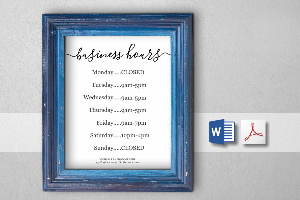 Business Hours Sign Printable Template Hours Of Operation Holiday 