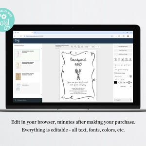May include: A laptop screen displays a customizable invitation template for a backyard BBQ. The invitation features the text "Backyard BBQ" with a graphic of a spatula and tongs. The screen also shows editing options and the text "Edit in your browser, minutes after making your purchase."