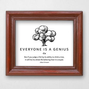 Everyone is a Genius Print, Printable Albert Einstein Quote Wall Art, Hand Drawn Tree & Fish Illustration, Instant Download JPG Digital File