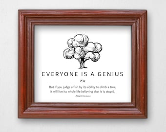 Everyone is a Genius Print, Printable Albert Einstein Quote Wall Art, Hand Drawn Tree & Fish Illustration, Instant Download JPG Digital File