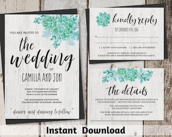 Watercolor Succulent Wedding Invitation Template - Printable Cactus Wedding Invitation Set - Rustic Wood Instant Download Digital File Suite