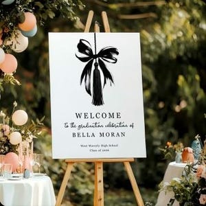 Coquette Black Bow & Tassel Graduation Party Welcome Sign Template image 1