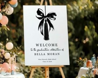 Coquette Black Bow & Tassel Graduation Party Welcome Sign Template