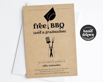 BBQ Graduation Party Invitation Template, Printable Fun Funny 2025 Free BBQ High School, College Invite Evite Grad Download Digital File