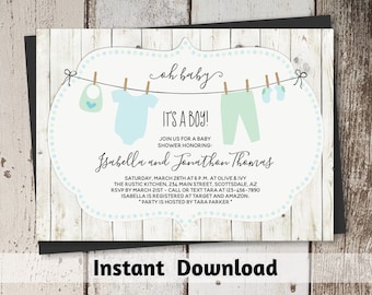 Rustic Baby Shower Invitation for Boy - Printable Template - Instant Download Digital File 5x7 PDF - Green & Blue Onesies on Clothesline