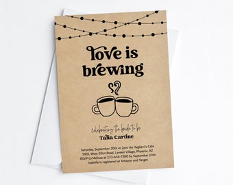 Love is Brewing Coffee Bridal Shower Invitation Template, Printable Couples' Shower Tea Brunch Invite Evite, Download Digital File, Kraft