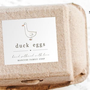 May include: A white cardboard egg carton with a label that says "duck eggs" and has a hand-drawn illustration of a duck. The label also says "hand gathered with love" and "MANCUSO FAMILY COOP".