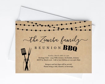 Family Reunion BBQ Invitation Template, Printable Barbeque Barbecue Party Invite Evite, Rustic Kraft Paper Instant Download Digital File PDF