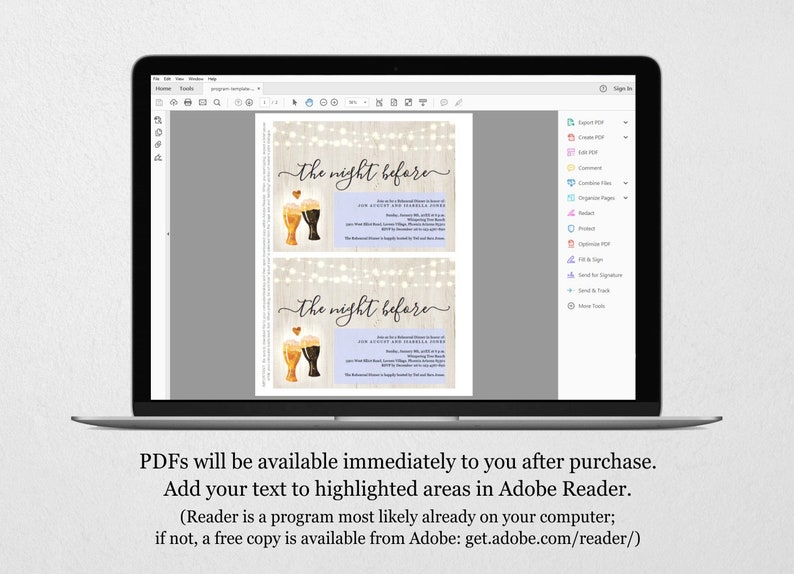 May include: Two printable invitations for a "the night before" party with a rustic wood background and string lights. The invitations feature a watercolor illustration of two beer glasses with hearts.