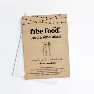 Divertente modello di invito per la cena di prova generale del matrimonio, invito stampabile divertente gratuito per cibo, invito Kraft per il download del file digitale