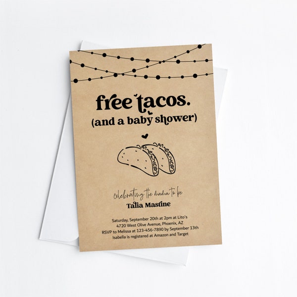 Einladungsvorlage für die Babyparty eines lustigen Paares, druckbare lustige kostenlose Tacos-Mexikanisches-Fiesta-Thema, Einladungsvorlage, Coed Kraft, digitale Datei herunterladen