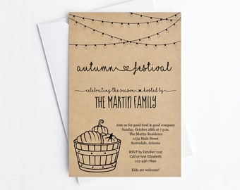 Fall Party Invitation Template, Printable Pumpkin Carving Autumn Festival Rustic Halloween Invite & Evite, Instant Download Digital File PDF