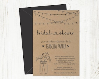 Printable Bridal Shower Invitation Template - Rustic Floral Baby Breath Mason Jar Fairy Lights Wedding - Kraft Paper Instant Download PDF