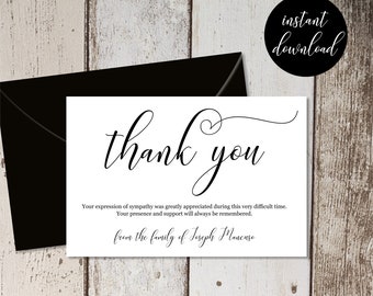 Funeral Thank You Card Template - Simple Black & White Sympathy Acknowledgement Thanks - Men / Women - Editable DIY 4x6 PDF Instant Download