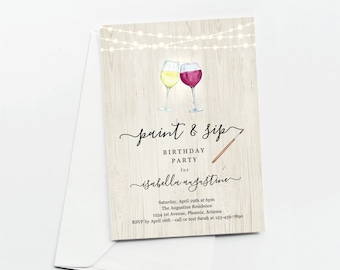 Paint & Sip Invitation Template - Birthday Party, Bachelorette, Bridal Shower - Printable Wine Night Party Invite, Instant Download Digital