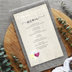 Modèle imprimable de menu de vin, menu de barre de vin, dégustation de vin, établissement vinicole, fond en bois rustique, lumière de fée, fichier numérique de téléchargement instantané de pdf