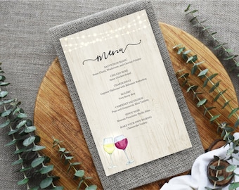 Printable Wine Menu Template, Wine Bar Menu, Wine Tasting, Winery, Rustic Wood Background, Fairy Light, PDF Instant Download Digital File