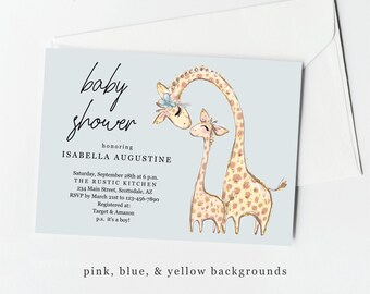 Girl, Boy, & Gender Neutral Giraffe Baby Shower Invitation Template, Blue Pink Yellow Invite Evite, Printable Instant Download Digital File