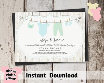 Rustic Sip and See Invitation Template - Boy, Girl, Gender Neutral Invite - Printable Instant Download Digital File DIY PDF yellow pink blue