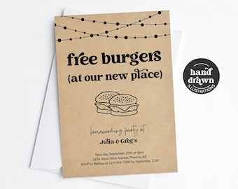 Free Burgers Funny Housewarming Party Invitation Template, Printable Fun House Warming Theme Invite Evite Download Digital Kraft